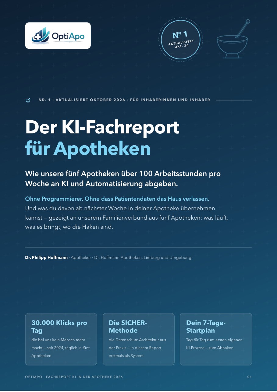 Titelseite des Fachreports „KI in der Apotheke 2026“